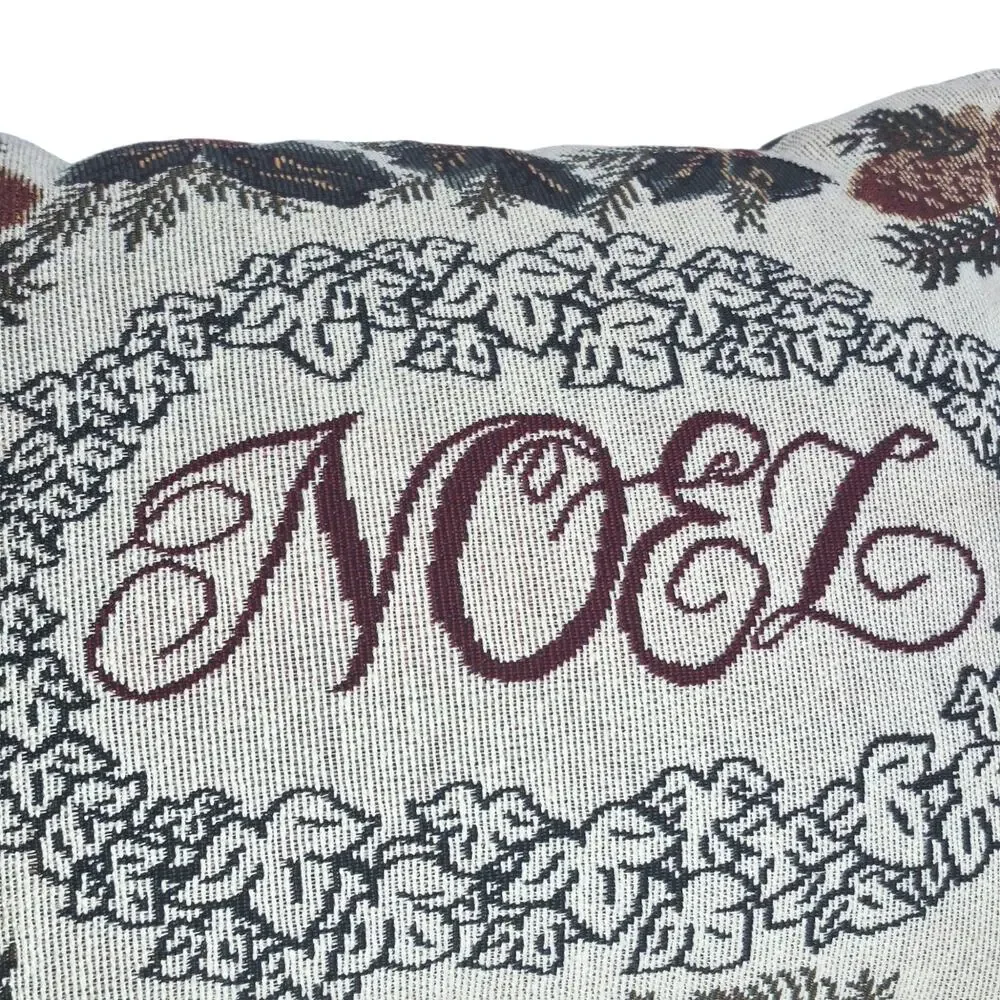 Vintage Tapestry Christmas Throw Pillow 'NOEL' Holly & Pinecone Border 15 x 12